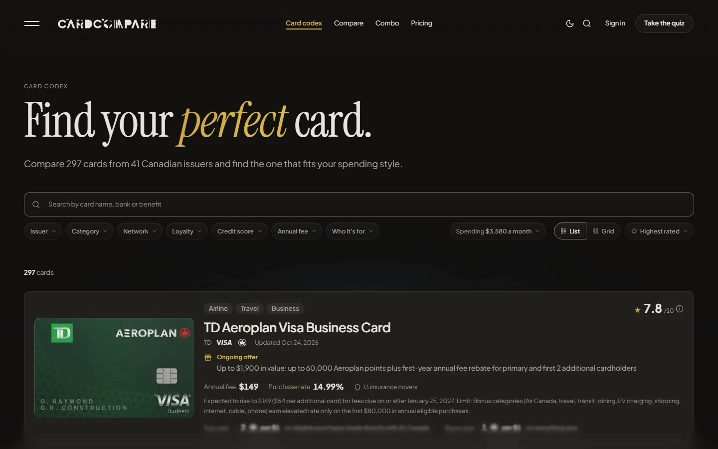 CardCompare's card codex in list view. Under the search bar and filters, the first card row shows the card art, tags, the current offer, the annual fee and the purchase rate.