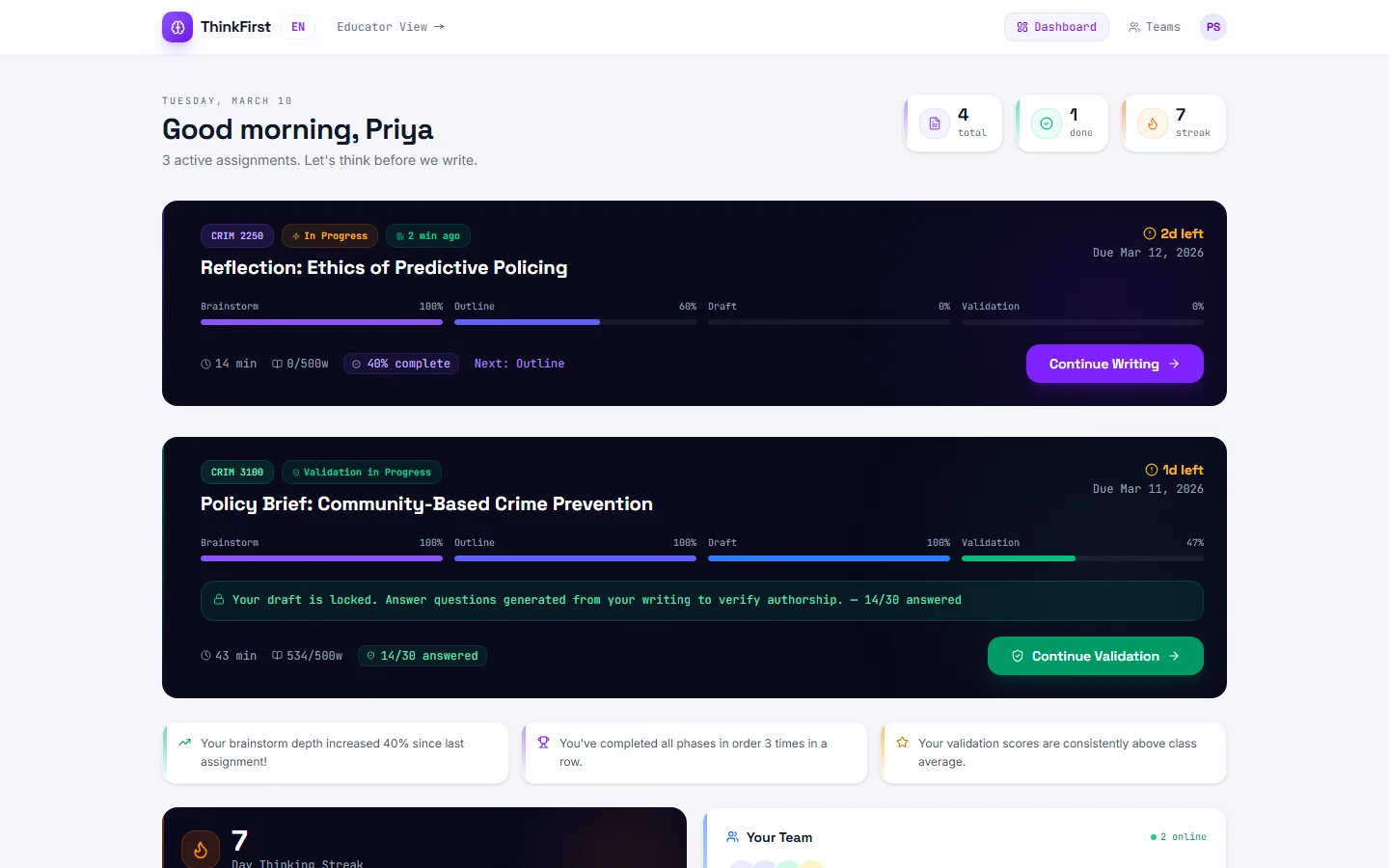 ThinkFirst's student dashboard: two assignments, each with progress bars for Brainstorm, Outline, Draft and Validation, and a Continue button.