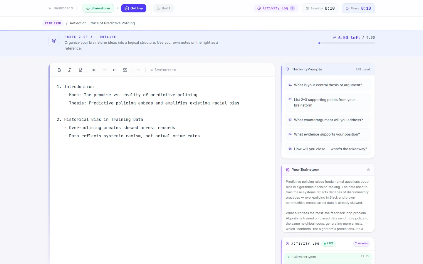The writing window in the Outline phase: a phase timer showing 6:50 left, an outline in the editor, thinking prompts and the student's own brainstorm in the side column.